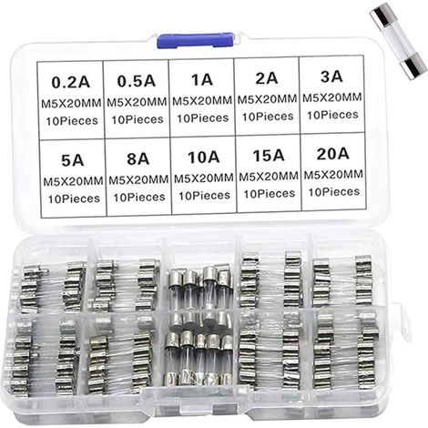 Fusible Verre 5x20 mm - 0,2 A à 20 A - 250 V - Fusible Rapide - Pour Circuit Électrique Domestique - 100 Pièces (1/5)