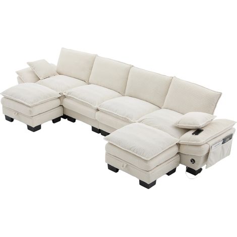 Sofá modular de 4 plazas con 2 otomanas de pana beige HOMVRA (1/5)