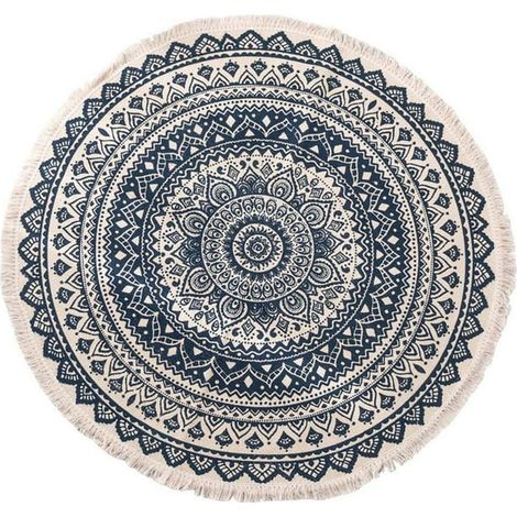 Tapis rond motif mandala, coton avec franges, tapis bohème tissé à la main, lavable en machine (bleu + noir, 120 cm) (1/5)