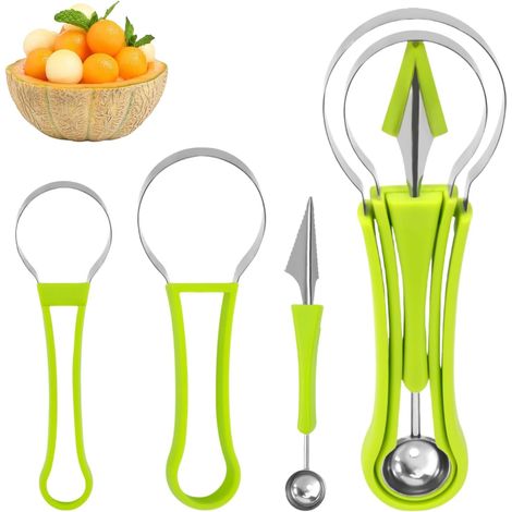 4 Outil à Découper, Trancheuse Pastèque, Acier Inoxydable, Cuillère Melon, Vert, Cuisine Familiale