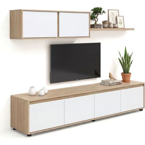 Salón con mueble de TV y estantería 200 cm Arlet Roble Canadian - Blanco Artik (Blanco Mate) (ancho) x 43cm (alto) (1/5)