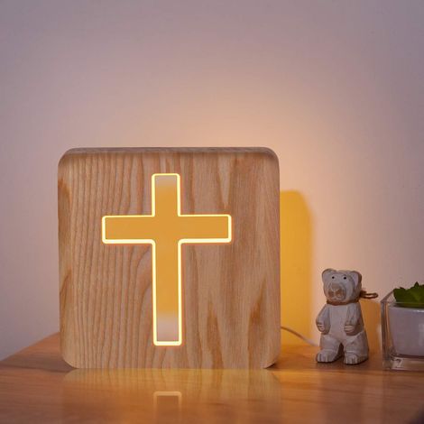 Lampe de tête de lit en bois en forme de croix - Veilleuse optique LED stéréo Croix de Jésus - Décoration de chambre personnalisée (1/4)