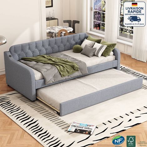 Lit simple 90x200cm, lin, canapé convertible avec lit gigogne 90x190cm, sans matelas, USB, gris