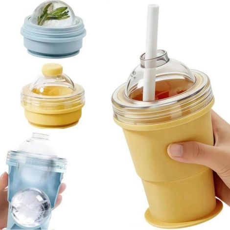 Gobelet pliant silicone 2 en 1 - Fabrique glaçons sphériques Couvercle et paille inclus - Voyage et bureau - Jaune 350ml (1/3)