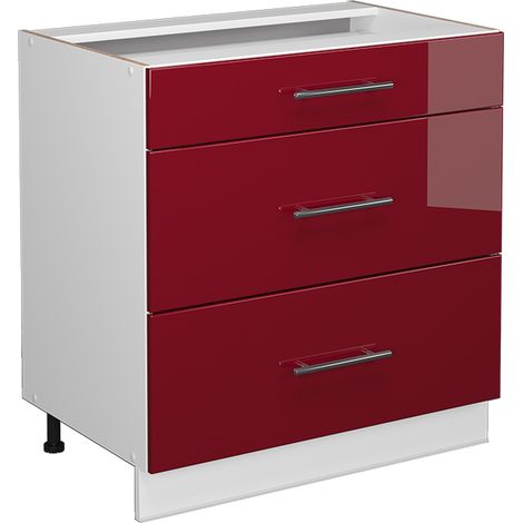 Mobiletto base per cucina Fame-Line, Bordeaux lucido, 80 cm con 3 cassetti, senza piano di lavoro, Vicco
