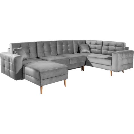 Canapé panoramique convertible ANSKA en velours - Pieds bois naturel-Gris clair (1/5)