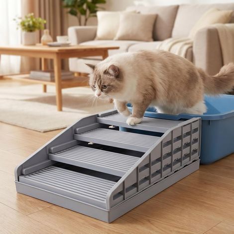 Marchepied Réglable pour Bac À Litière, Anti-Dérapant, Anti-Traçage, Rampe Escalier Chat Facile À Nettoyer Détachable Combinable Accessoire Litière Automatique pour Chats Âgés Petits (Gris) (1/5)