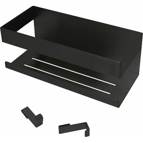 Etagere Douche, Étagère Douche Sans Percage, Étagère Salle de Bain Inox, Rangement Douche, Adhésif Pose Serviteur de Douche pour Shampooing, avec Lot de 2 Crochets, Noir Mat (1/5)