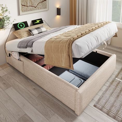 Lit rembourré simple - Naturel - 90x200 cm - Rangement hydraulique - Ports USB/Type-C - Design contemporain (1/4)