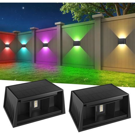 Lampe Solaire Murale Exterieur RVB, Applique Solaire Extérieur IP65 Étanche, RGB Applique Murale Exterieur Sans Fil/Haut & Bas Réglable/8 couleurs pour Jardin Piscines Maison Clôture(4 Pièces) (1/5)