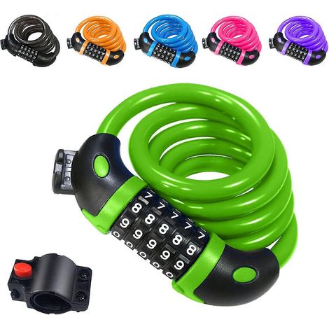 Antivol de vélo, long (120 cm x 12 mm), câble antivol avec code intelligent à 5 chiffres et compatible avec poussettes et vélos (vert). (1/5)