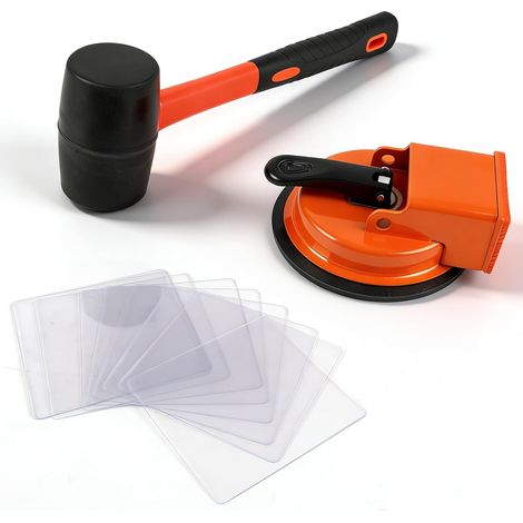 Outil de fixation de plancher avec marteau en caoutchouc, ventouse de 13,5 cm, outil de réparation de sols en bois robuste avec 10 patins adhésifs réutilisables pour sols stratifiés en vinyle massif (1/5)