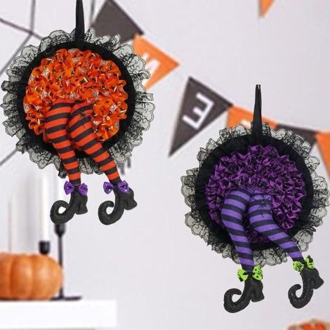 2Pcs Couronne de sorcière pour Porte d'entrée, Couronne de Pieds de sorcière, Couronne à Suspendre, Halloween Couronne de Porte, (1/4)