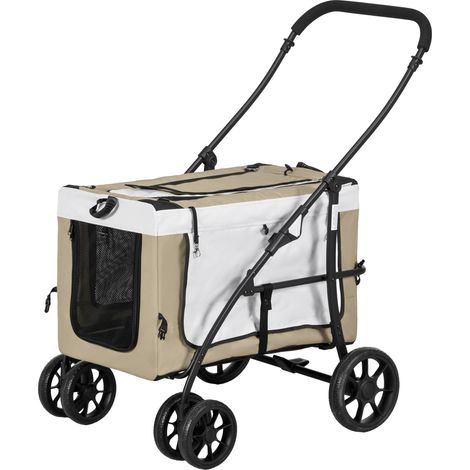 Poussette animaux chien chat nacelle amovible bandoulières 4 roues pliable kaki 81 x 58 x 97.5 cm
