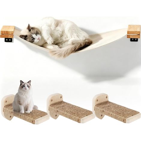 Lot de 4 murs d'escalade pour chat, escalier mural pour chat, arbre à chat avec hamac, meubles pour chat en bois massif, mur d'escalade pour chat, capacité de charge de 35 kg (1/5)