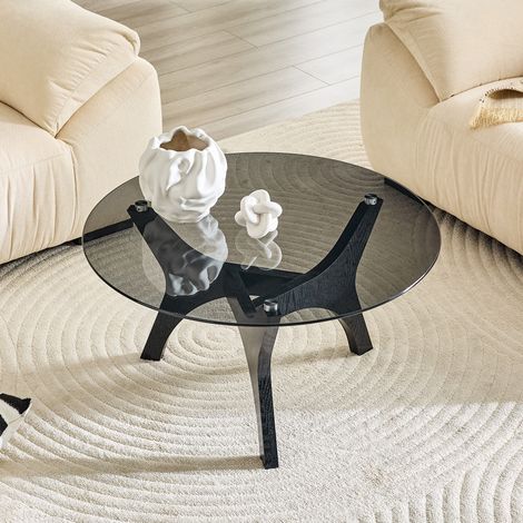 Tavolino rotondo in vetro 80x80x42,2 cm Piccolo tavolo da pranzo Mobili moderni per soggiorno con struttura in legno per ufficio soggiorno Nero (1/5)