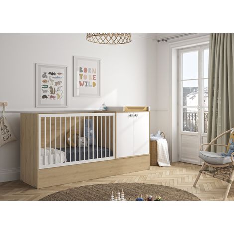 Chambre bébé complète effet bois chêne beige mat – Lit 60x120cm avec barrières – Commode 2 portes avec option plan à langer – Armoire 2 portes – Galipette