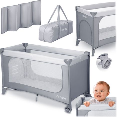 Lit parapluie pliable avec matelas et sac de transport 125 x 65 x 78 cm – Entrée latérale amovible – 2 roues avec freins – Normes européennes