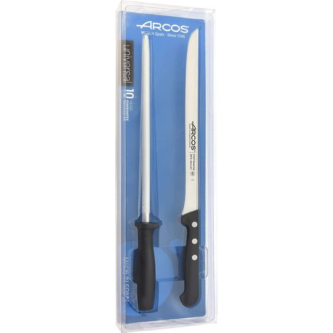 Arcos Set Coltelli da Taglio e per Prosciutto – Serie Universal, 2 Pezzi (1 Coltello + 1 Affilatore in Acciaio) – Lama in Acciaio Inossidabile Nitrum – Manico in Poliossimetilene (POM), Colore Nero (1/3)