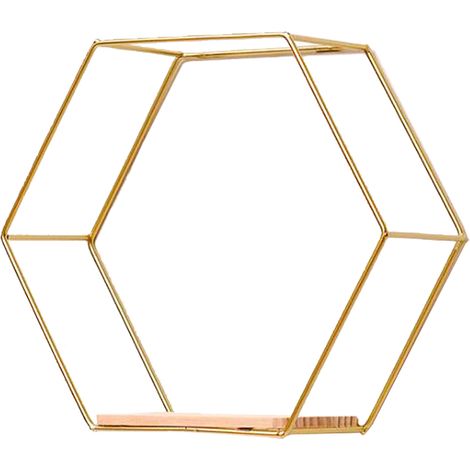 Estantería de pared hexagonal moderna y decorativa, fabricada en madera y hierro color oro, de 28 x 25 x 10,5 cm, para el salón. (1/5)