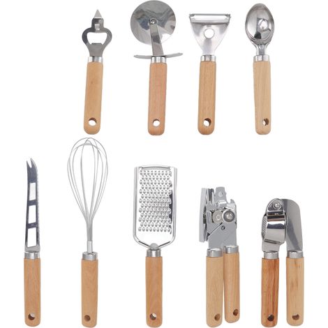 Ensemble de 9 ustensiles de cuisine en acier inoxydable avec manche en bois - résistant et facile à nettoyer - multicolore (1/5)