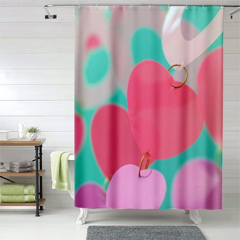Rideau de douche motif cœurs rouge et rose romantique, tissu imperméable, 150x180 cm (1/5)