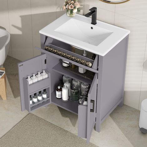 MODFU – Meuble vasque sur pied 60x46 cm MDF et céramique – 2 portes, tiroir basculant et étagère réglable – Charge 60 kg, robinetterie non incluse – Salle de bains – Gris (1/5)