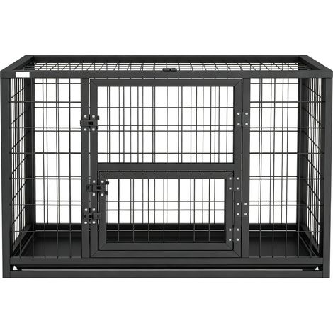 Schwarzer Hundekäfig aus Stahl 94 x 60 x 64 cm mit aufklappbarem Dach und Futterklappe (1/5)
