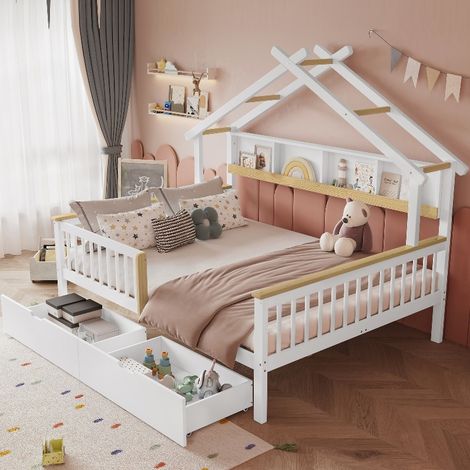 Hausbett 140x200 cm mit Rausfallschutz und 2 Schubladen, Kinderbett aus Kiefernholz mit Dachdesign und Lattenrost, Weiß und Natur (1/5)