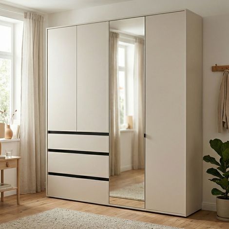 Großer Kleiderschrank Rifreddoo, Schlafzimmerschrank mit 4 Böden, 3 Schubladen, Kleiderstange, 183x211h cm Weiß Creme (1/5)