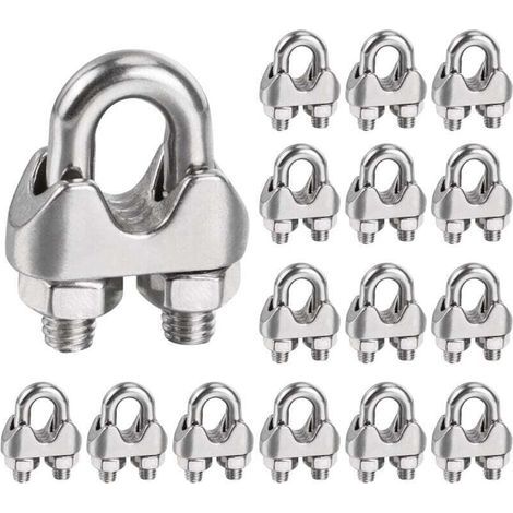 Serre Cable Inox 6mm,16 Pièces Serre Cable Acier Attaches pour 6mm câbles métalliques M6 Pince de Câble Métallique U pinces en pour Câble Métallique de 6mm Diamètre(M6) (1/4)