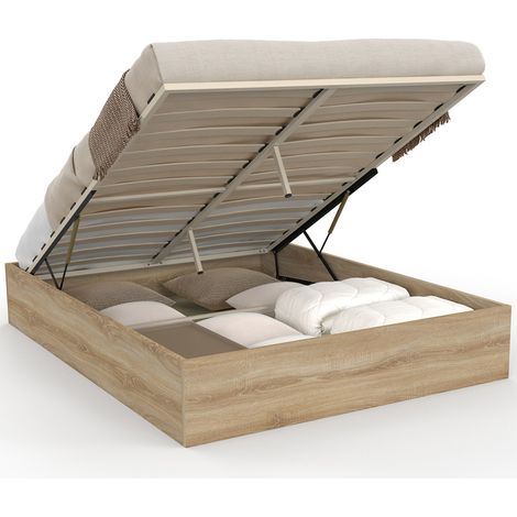 Idmarket – Lit coffre double SANDSIDE 140 x 190 cm – Sommier 24 lattes en bois – Coffre de rangement avec vérins – Structure robuste en panneaux de particules (1/5)