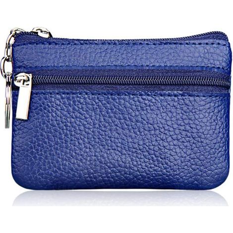 Mini portefeuille zippé minimaliste en cuir pour femme avec porte-clés (bleu) (1/2)