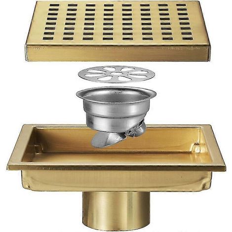 Bonde de douche carrée avec grille amovible, acier inoxydable SUS 304, finition or brossé (1/5)