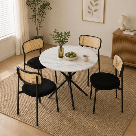 FurnitureR 80cm Round Marble Dining Set for 4 with Rattan Chairs (1/5)