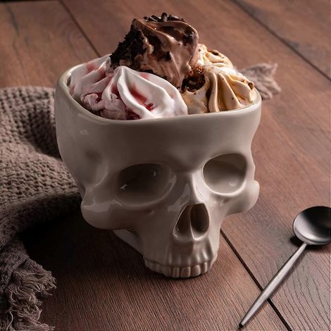 Human skull serving bowl, food safe skull noodle bowl, portable home bar candy server and press, vintage gothic (1/5)