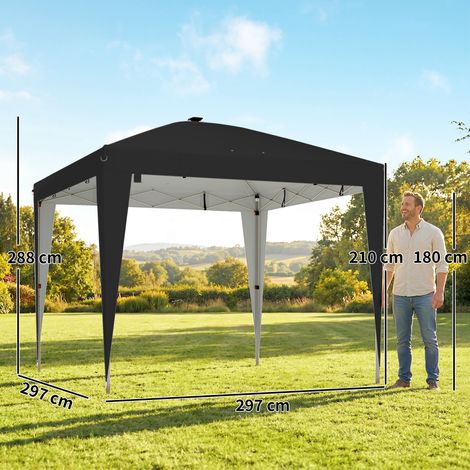 Pavillon pliable réglable en hauteur, avec éclairage central et télécommande (3x3m), en métal et polyester, noir. (1/5)