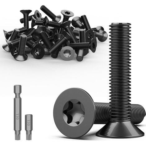 30 Pièces Vis à Tête Fraisée Torx M6 x 30 mm en Acier Inoxydable A2 V2A - à Métaux Noir, Tête Plate, Filetage Complet avec Embout Torx T30 (1/5)