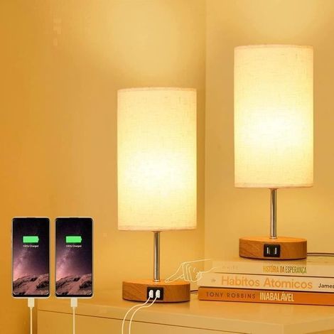 Lot de 2 lampes de chevet en tissu blanc chaud - Lampe de chevet tactile - 3 niveaux d'intensité - Deux Ports de charge USB A (1/5)