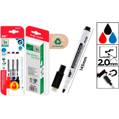 Marqueurs Tableau Blanc Mp (blister 3) Pointe Fine, Effaceur Intégré, Couleurs Assorties - Mp