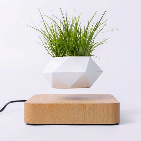Pot de Fleurs Suspendu par Lévitation Magnétique GW4, Finition Bois Clair, Design Moderne pour Intérieur (Plante Non Incluse)
