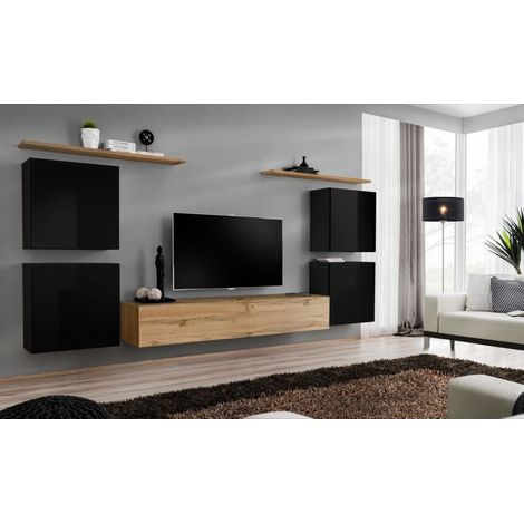 Ensemble mural - Switch IV - 1 vitrine - 1 banc TV - 2 étagères - Bois et noir - Modèle 2 - Livraison gratuite