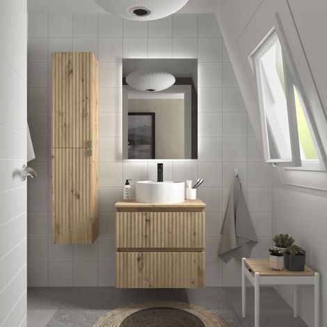 Mueble de Baño KIRA 60cm Roble 2 cajones Lavabo sobre encimera 1 poza Porcelana (1/5)