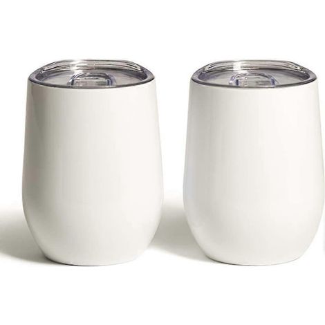 Gobelet isotherme à double paroi de 35 cl avec couvercle. Gobelet isotherme sans pied en acier inoxydable pour vin, café et autres boissons chaudes ou froides (blanc, lot de 2). (1/2)
