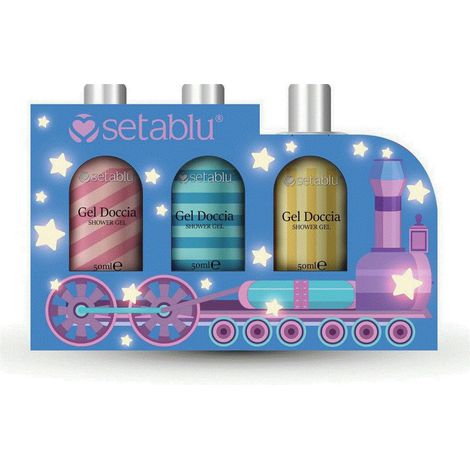 TrAdE Shop Traesio - Set Idea Regalo Da 3 Pz Flaconi Gel Doccia Da 50ml Confezione Colorata A Tema Trenino -