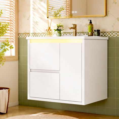 Mueble de baño suspendido con lavabo cerámico 61x46.5x57 cm - Mueble bajo lavabo lacado con sensor led inteligente y cajones soft-close - Blanco mdf (1/5)