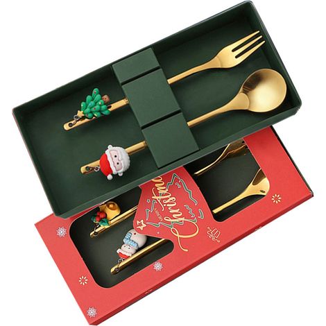 Ensemble de 4 cuillères et fourchettes de Noël en acier inoxydable, adorables couverts à dessert (1/3)