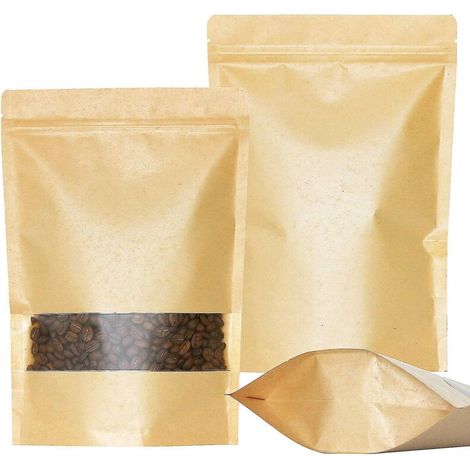 50 sachets Kraft à fermeture zip, format stand-up, avec encoche et fenêtre mate - 18 x 26 cm (1/5)