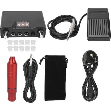 Kit professionnel de tatouage rouge, stylo tatouage avec pédale et alimentation (90-250V) prise UK. (1/5)