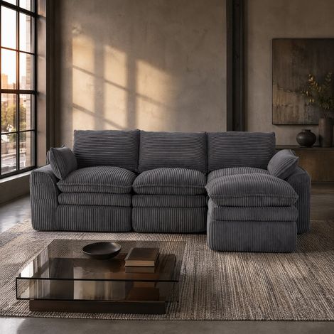 Divano modulare 3 posti in corduroy con pouf, cuscini e tasche laterali, grigio scuro (1/5)